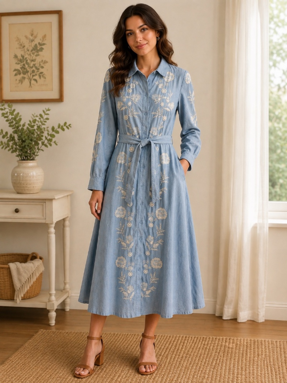 Crown & Ivy Embroidered Teal Button-Front Shirt Dress with Belt Size XL